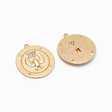 4pcs CZ Pave Gold Cancer Charm, Real Gold plated Brass, Round Coin Disk Pendants (GB-1872-E)