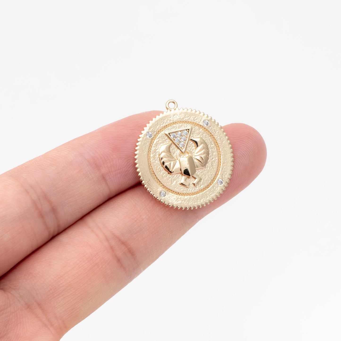 4pcs CZ Pave Gold Cancer Charm, Real Gold plated Brass, Round Coin Disk Pendants (GB-1872-E)