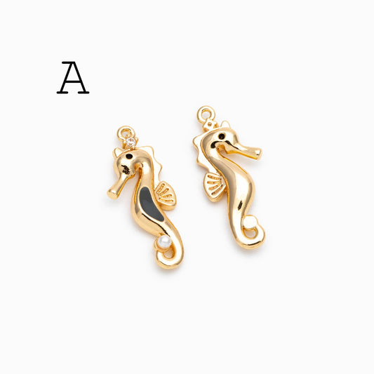 4pcs CZ Pave Enamel Seahorse and Starfish Charms, Gold plated Brass Marine Animal Charms (GB-4679)