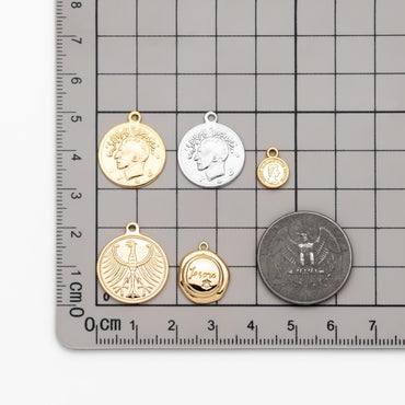 10pcs Gold/ Silver Round Coin Charms, Gold/ Rhodium plated Brass Disk Pendants, Jewelry Supplies (GB-1746)