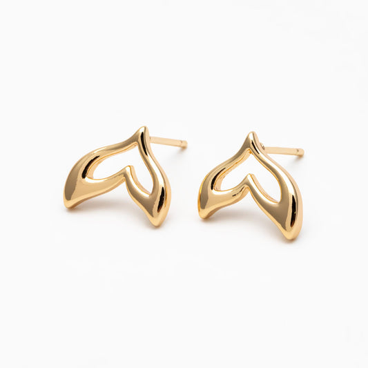 10pcs Gold Whale Tail Earrings, Real Gold Plated Brass, Fish Tail Stud Earrings (#GB-4678)