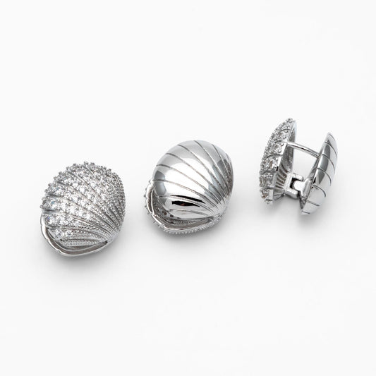 4pcs CZ Pave Gold/ Silver Shell Earrings, Gold/ Rhodium plated Brass, Dainty Seashell Hoop Earrings (GB-4347)