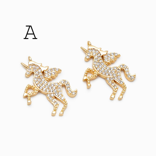 4pcs CZ pave Gold Unicorn Charms, 18k Real Gold plated Brass, Cute Earring Charms (GB-730)