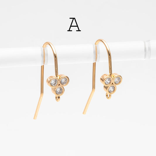 10pcs CZ Pave Earring Hooks with Loop, 18K Real Gold Plated Brass, Geometric Earwires (GB-1125)