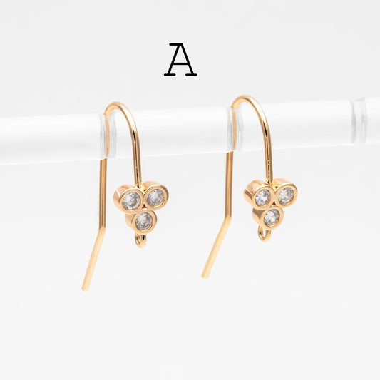 10pcs CZ Pave Earring Hooks with Loop, 18K Real Gold Plated Brass, Geometric Earwires (GB-1125)
