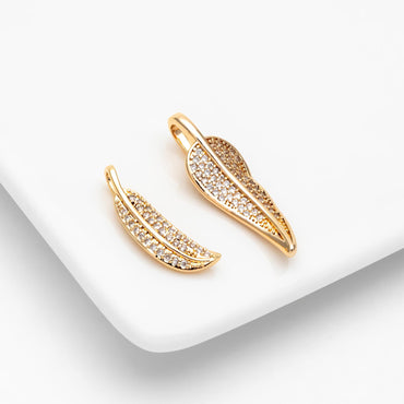 4pcs CZ pave Gold Leaf Charms, 18K Gold plated Brass, Dainty Feather Pendants (GB-2310)