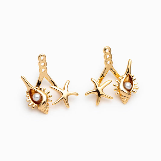 4pcs Gold/ Silver Tone Conch & Starfish Ear Charm with Faux Pearl (GB-4684)