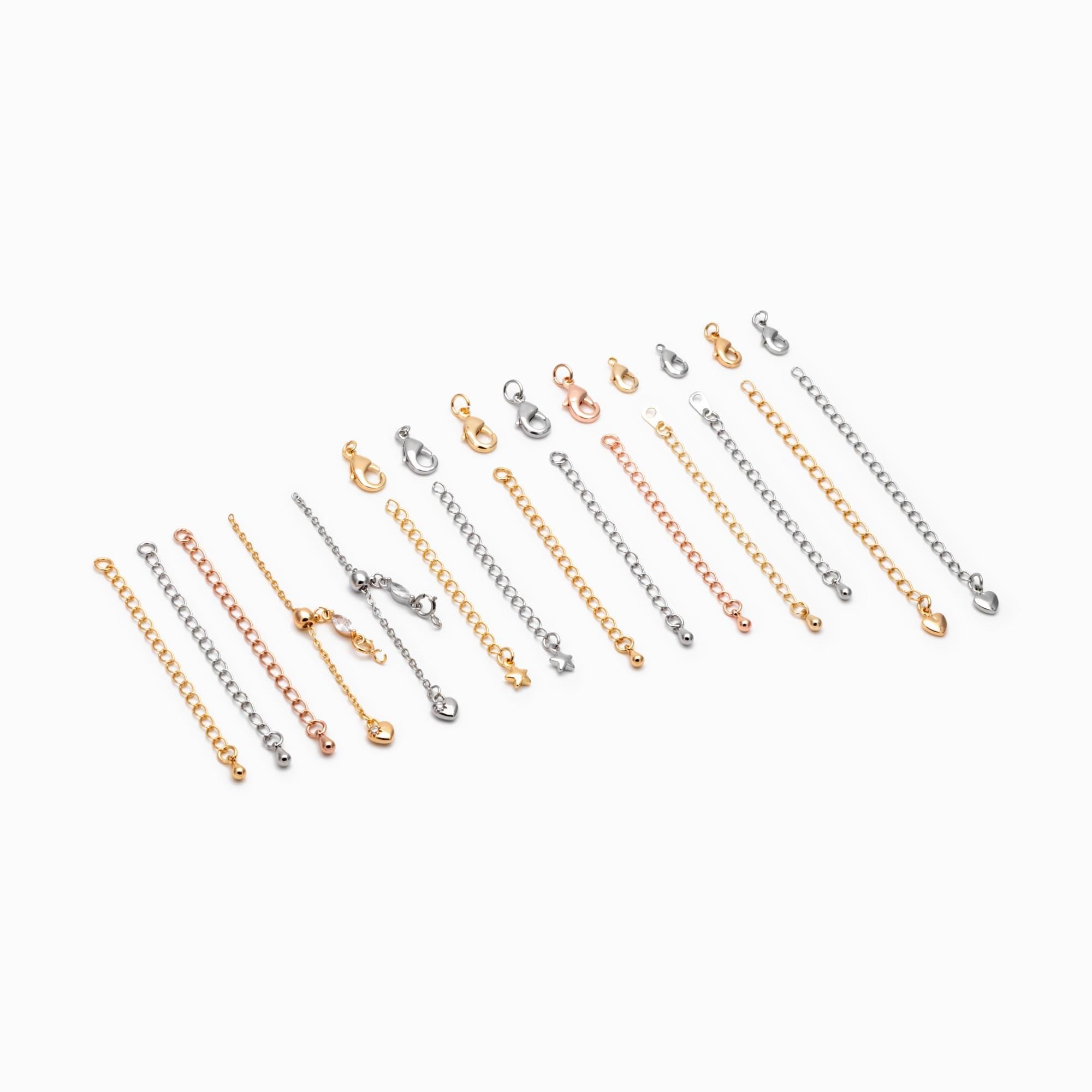 10pcs Gold/ Silver Tone Lobster Claw Clasps with Extender Chain , Gold/ Rhodium plated Brass, Necklace Bracelet Extension Chain (GB-100)