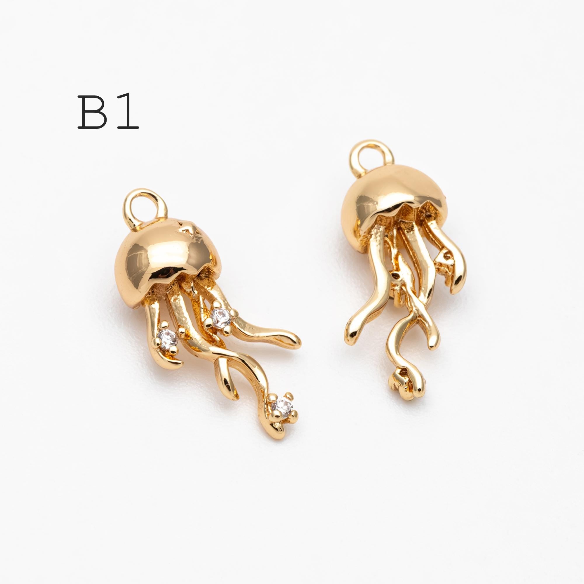 4pcs CZ Pave Gold/ Silver Tone Conch/ Jellyfish Charms, 18K Gold/ Rhodium plated Brass, Dainty Beach Jewelry (GB-4643)