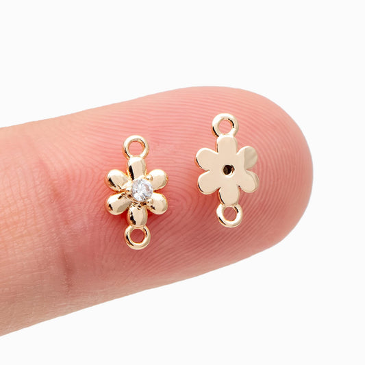 10pcs CZ Pave Gold flower Charm Connectors 9x5mm, 18K Gold plated Brass (GB-3780-A)