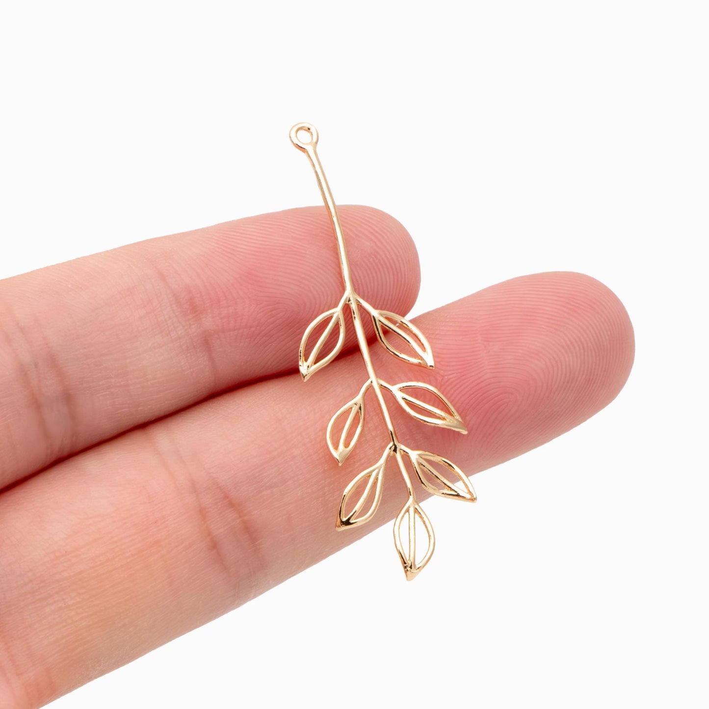 10pcs Gold Leaf Charm 42x15mm, Gold plated Brass, Dainty Branch Pendant (GB-4425-E)