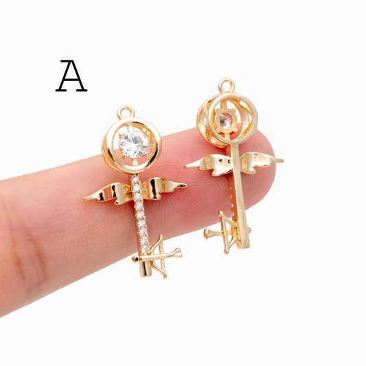 4pcs Gold Winged Key Charms: CZ Pave Fairy Wand Pendants (GB-2638)