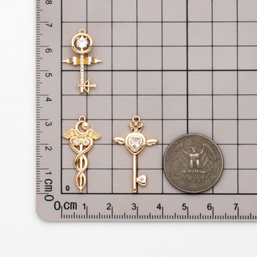 4pcs Gold Winged Key Charms: CZ Pave Fairy Wand Pendants (GB-2638)