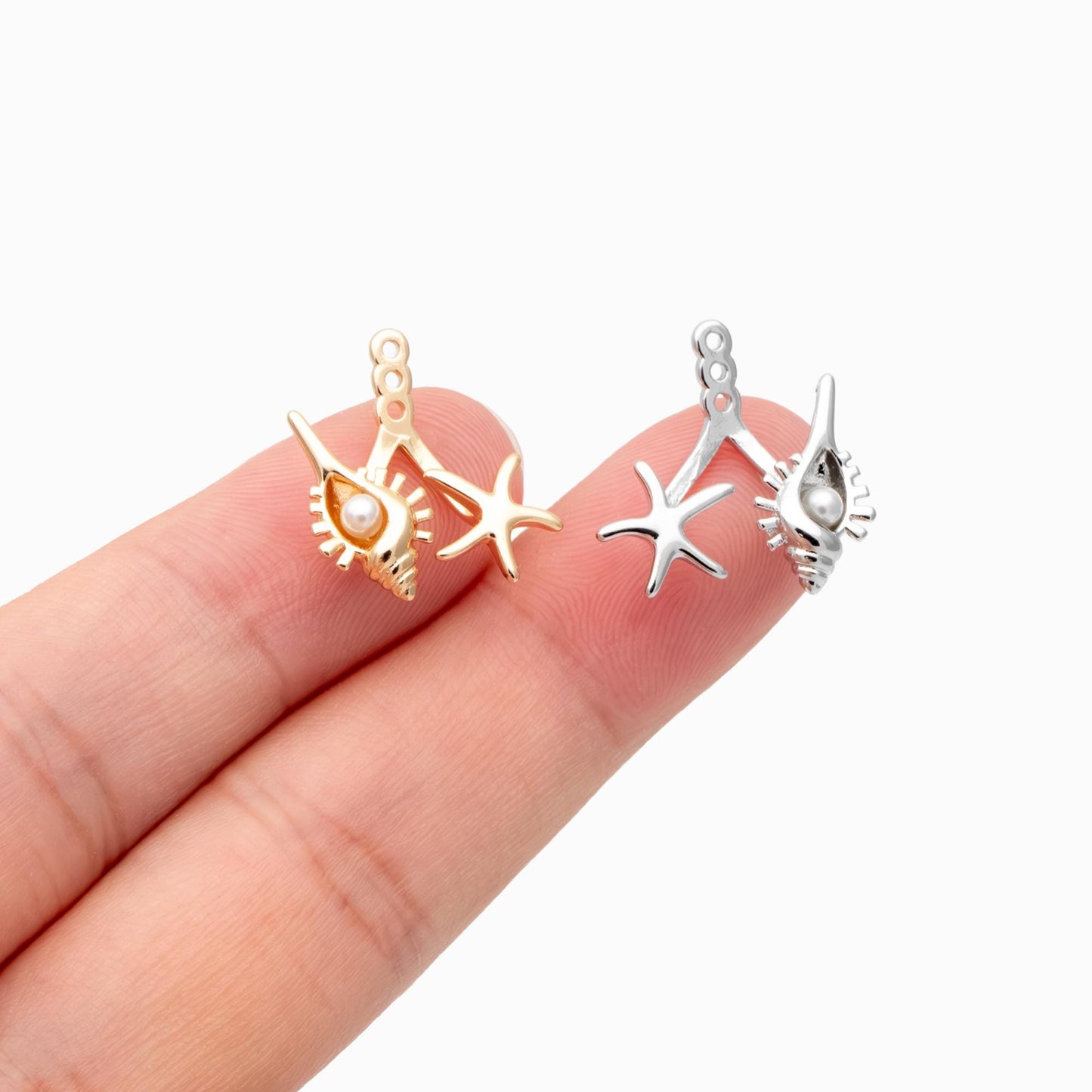 4pcs Gold/ Silver Tone Conch & Starfish Ear Charm with Faux Pearl (GB-4684)