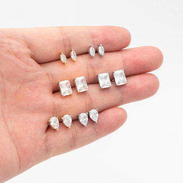 10pcs CZ Pave Daity Earring Studs, 18K Gold/ Rhodium plated Brass Ear Posts, Geometric Earring Findings (#GB-2618)