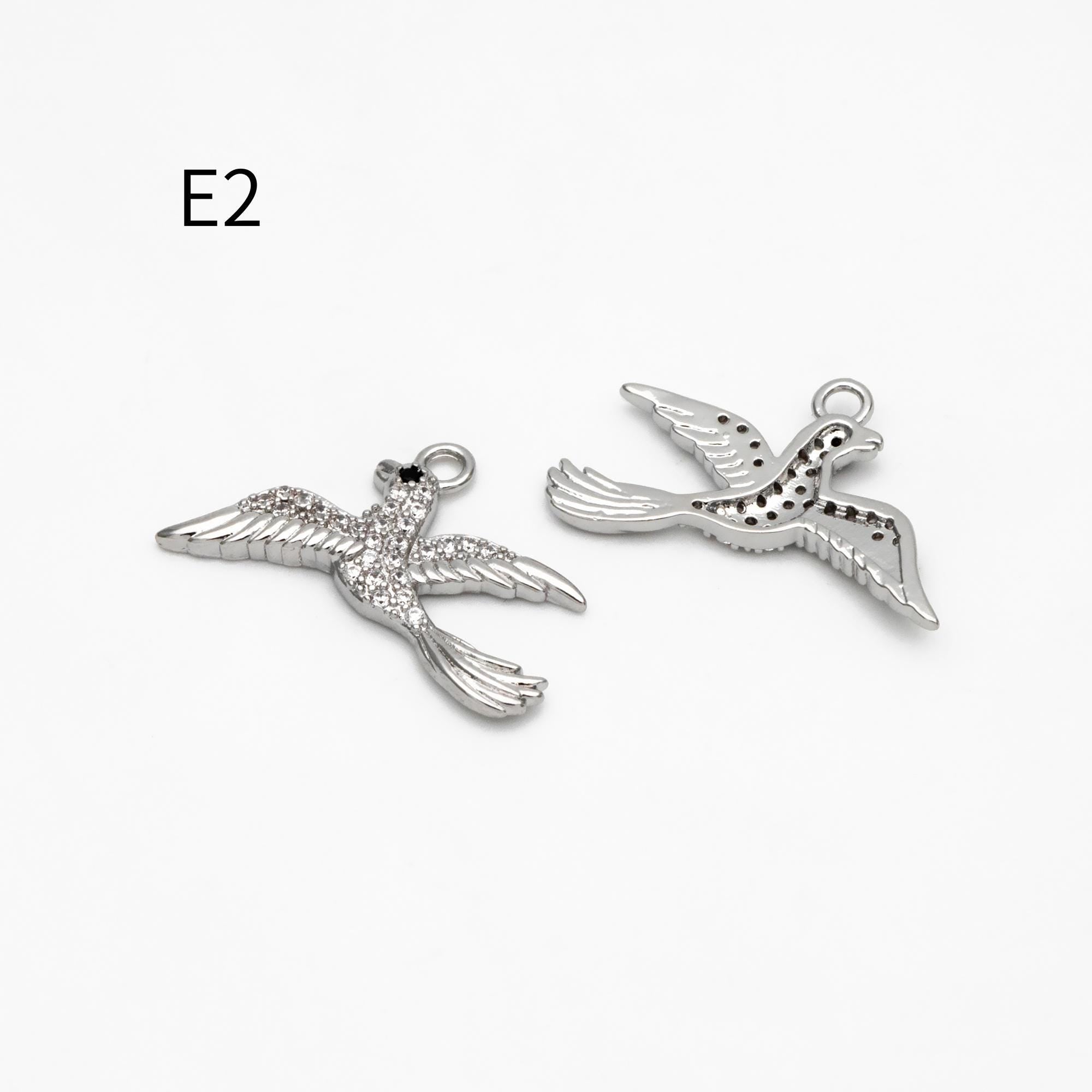 4pcs CZ Pave Gold/ Silver Tone Bird Charms, Real Gold/ Rhodium plated Brass Bird Pendant (GB-1480)