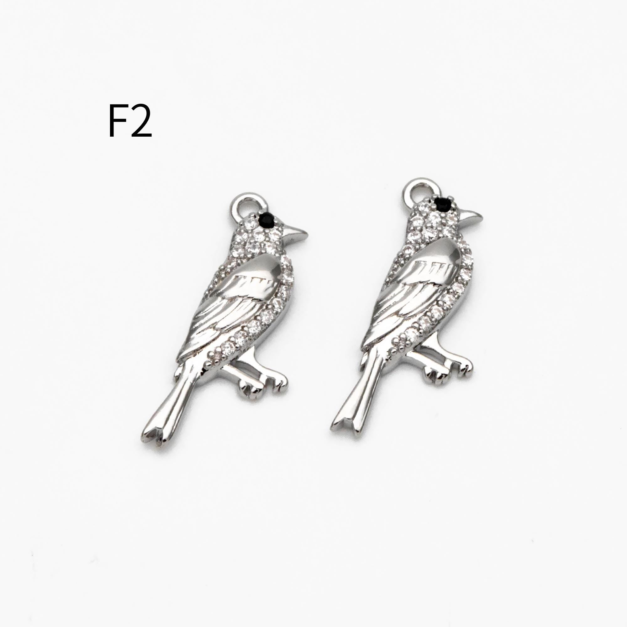 4pcs CZ Pave Gold/ Silver Tone Bird Charms, Real Gold/ Rhodium plated Brass Bird Pendant (GB-1480)