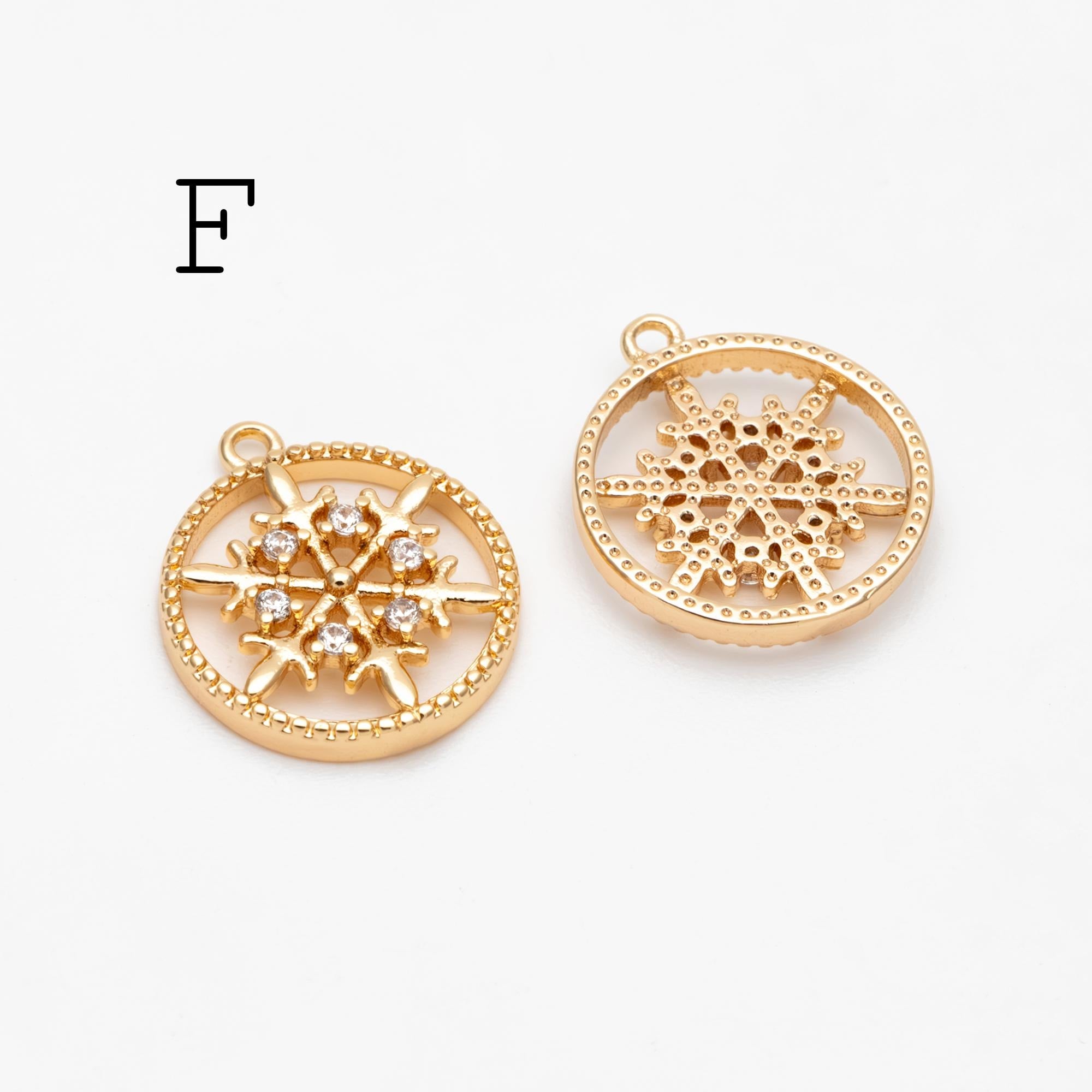 4pcs CZ Pave Snowflake Charms, Rhinestone Flower Connectors, Real Gold plated Brass Findings (GB-3486)