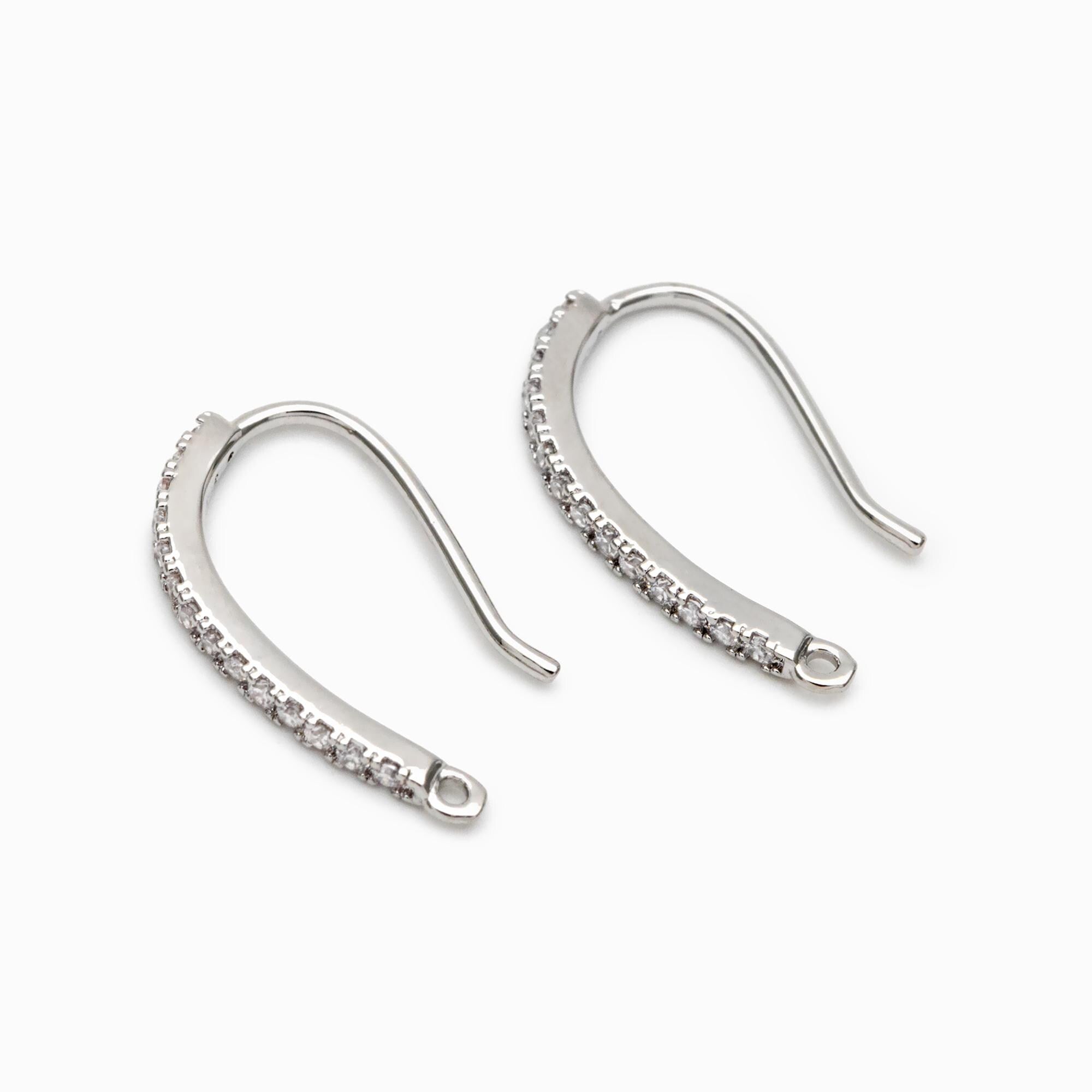 4pcs CZ Pave Gold/ Silver Earring Hooks 21x14mm, 18K Gold/ Rhodium Plated Brass Earwires, Sparkly Earring Components (GB-586)