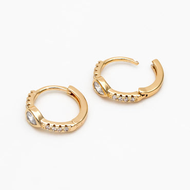 4pcs CZ Pave Teardrop Hoop Earrings, Round Leverback Ear Hooks 14mm, 18K Gold plated Brass, Earring Component Findings (GB-3826-E)