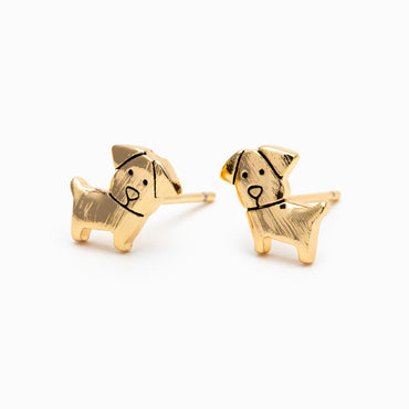 10pcs Gold Brushed Dog Earrings, Gold Plated Brass, Cute Animal Stud Earrings (GB-4595)