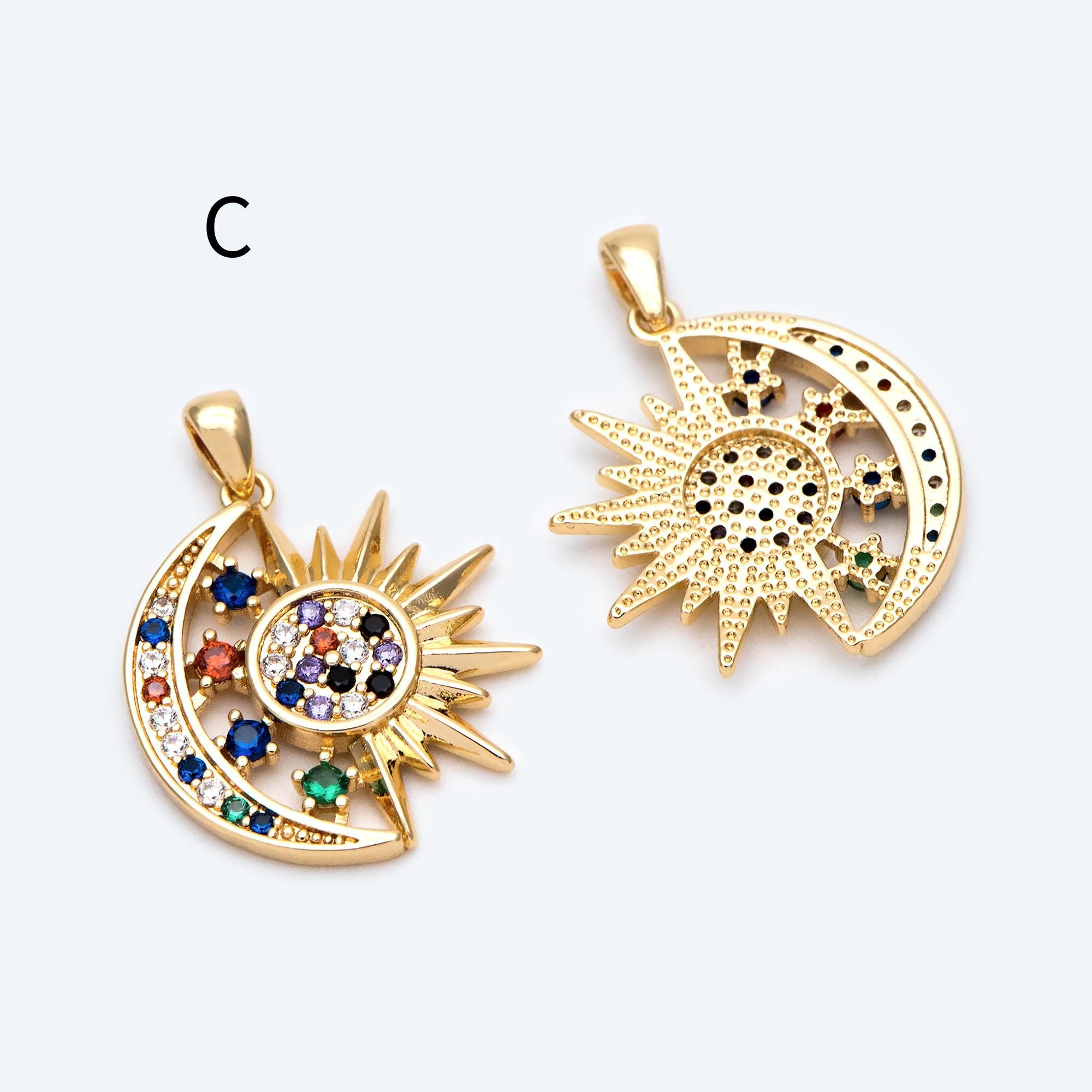 4pcs Gold Sun Moon Star Charms, 18K Gold plated Brass, CZ Pave Celetial Pendants (GB-2991)