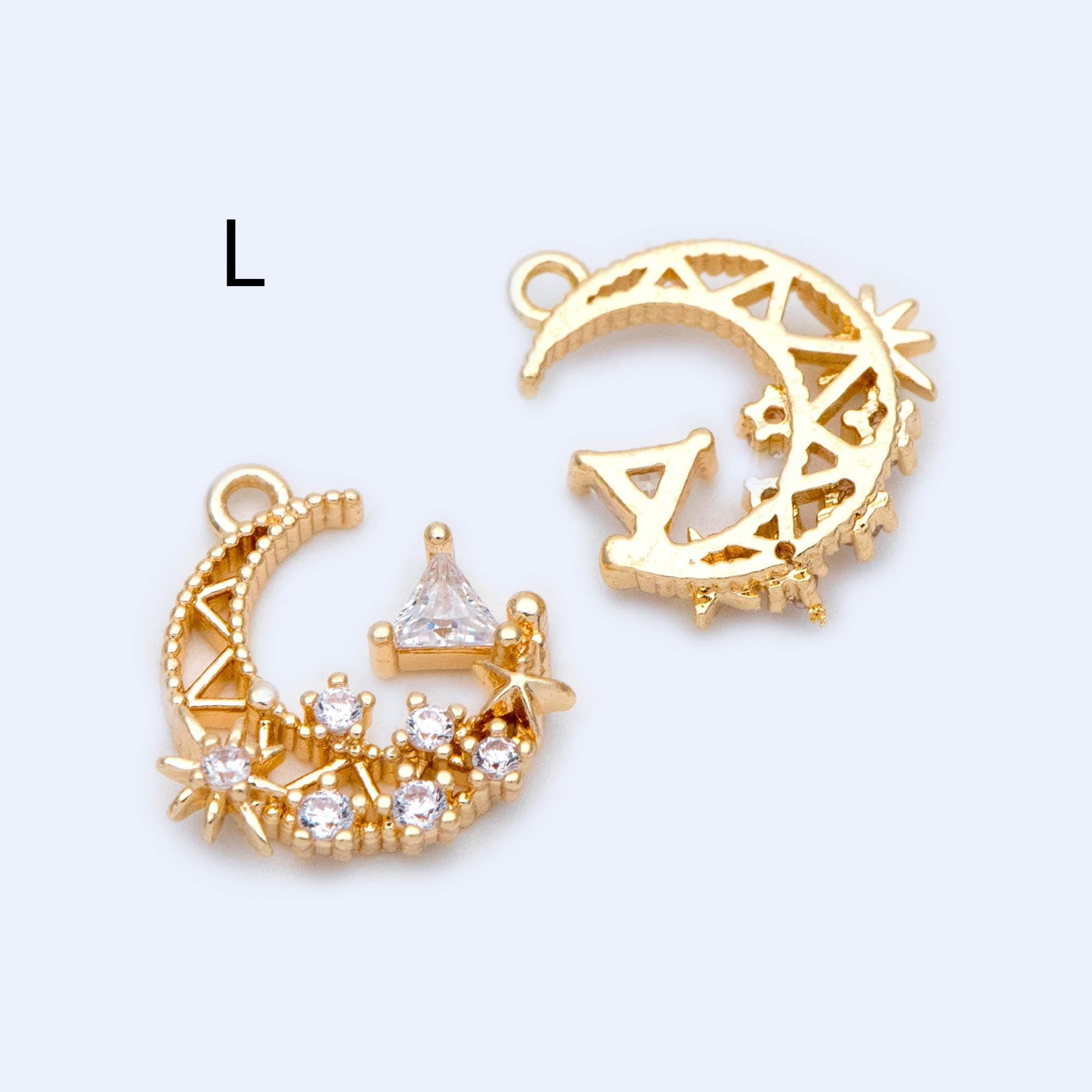 4pcs CZ pave Gold/ Silver Moon Star Charms, 18K Gold/ Rhodium plated Brass Moon Pendants (GB-2433)