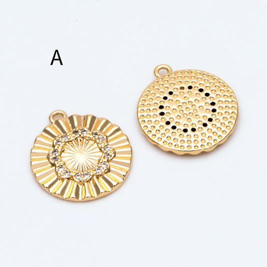 4pcs Gold Round Sun Charms , 18K Gold plated Brass, Disk Sun Pendants (GB-1232)