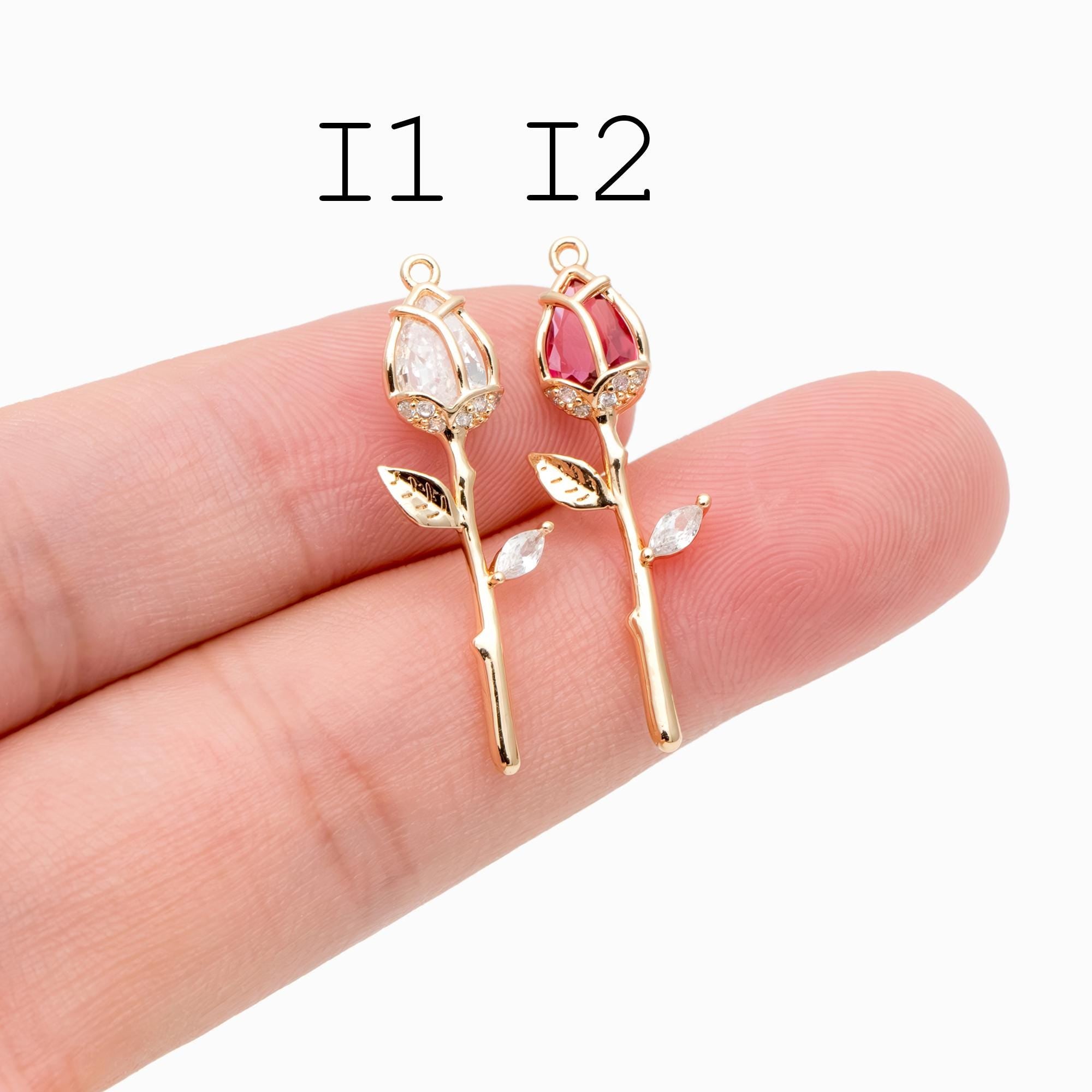 4pcs CZ Pave Flower Charms, 18K Real Gold/ Rhodium plated Brass, Flower Earring Pendants (GB-3579)