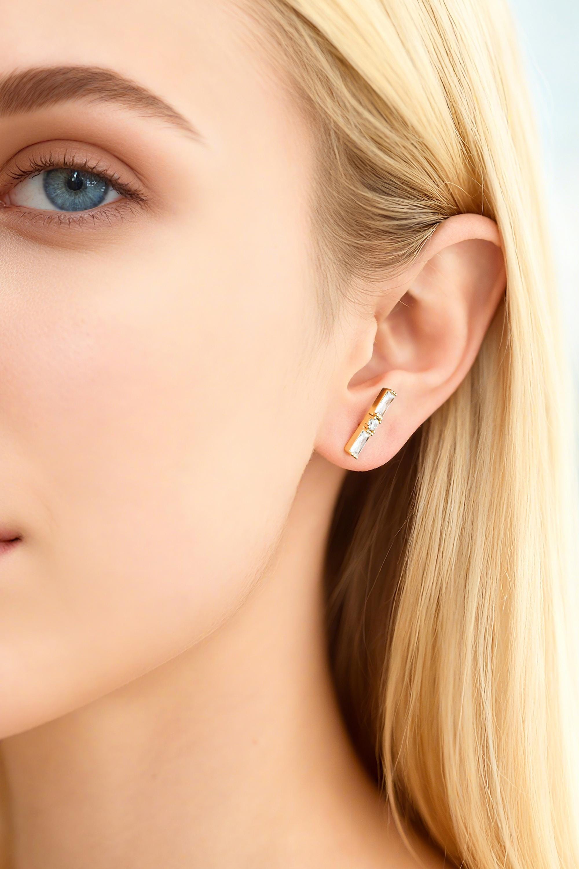 4pcs CZ Pave Rectangle Earring Studs, 18K Gold plated Brass Ear Posts, Geometric Earring Findings (#GB-3633-F)