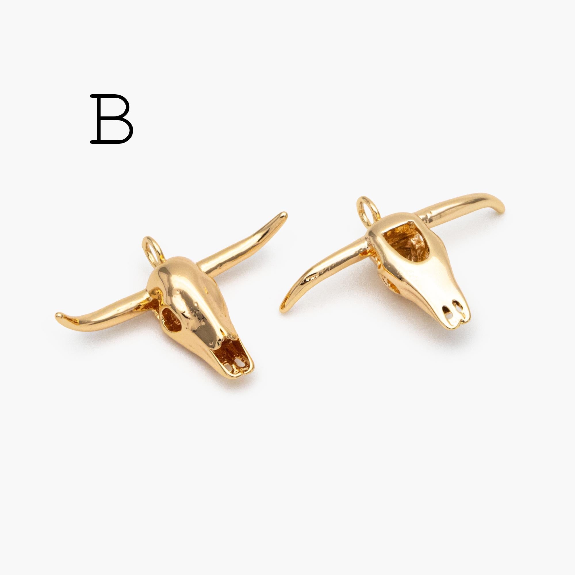 4pcs Gold/ Silver Tone OX Head Skull Charm, Ox Horn Charm, Real Gold/ Rhodium plated Brass, Buffalo Head Pendant (GB-3616)