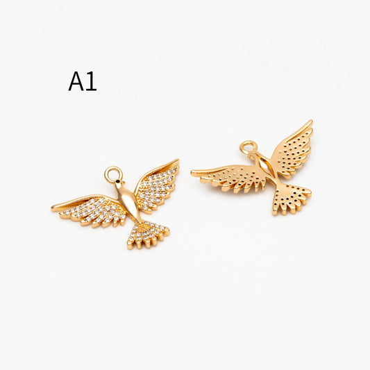 4pcs CZ Pave Gold/ Silver Tone Bird Charms, Real Gold/ Rhodium plated Brass Bird Pendant (GB-1480)
