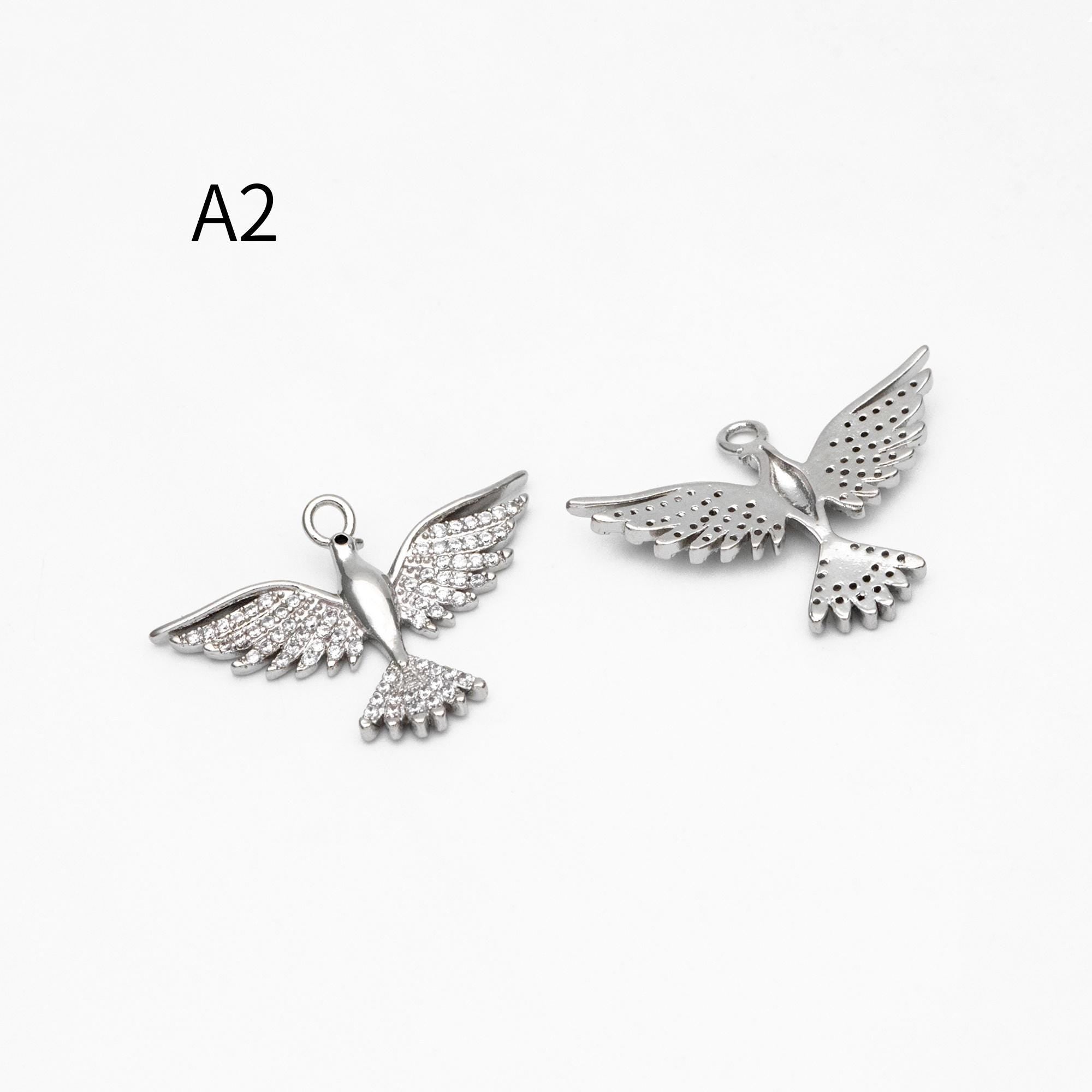 4pcs CZ Pave Gold/ Silver Tone Bird Charms, Real Gold/ Rhodium plated Brass Bird Pendant (GB-1480)