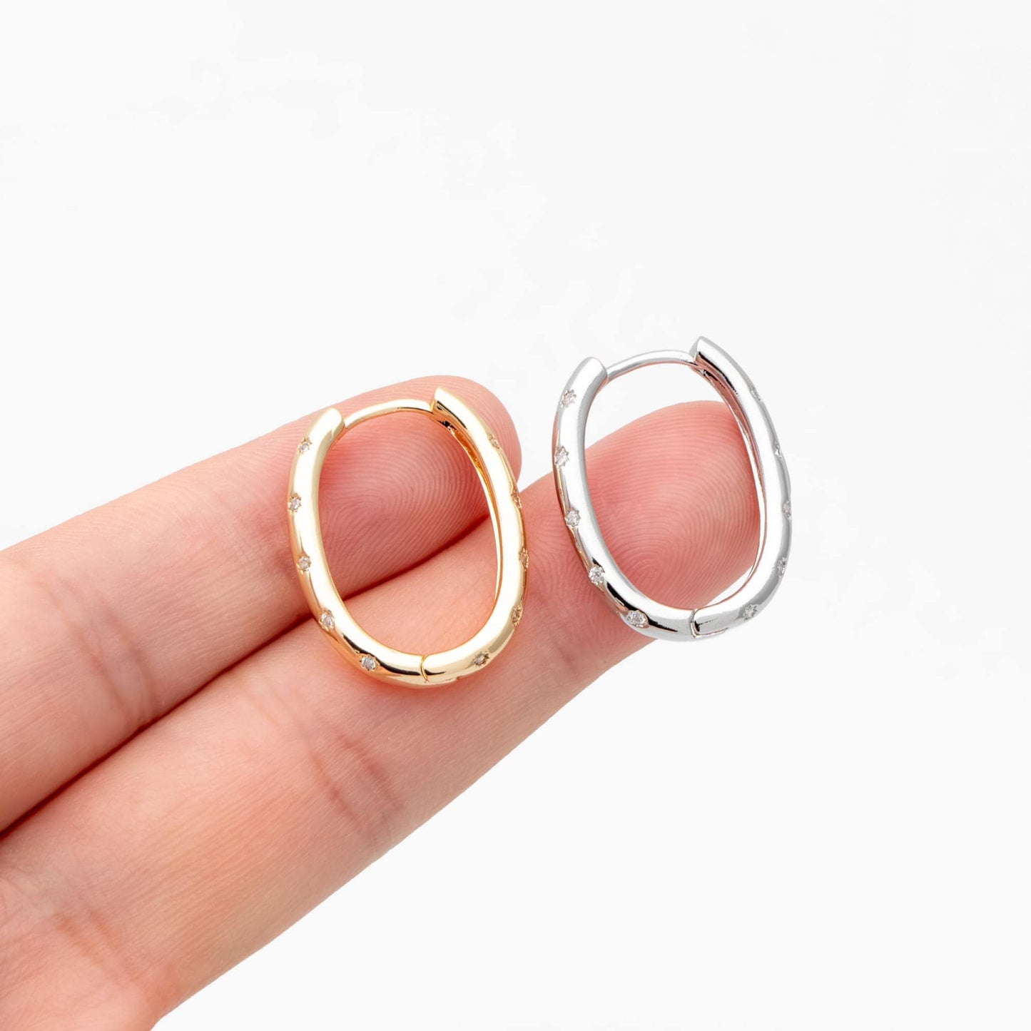 4pcs CZ Pave Gold/ Silver Oval Hoop Earrings, 18K Real Gold/ Rhodium plated Brass, Dainty Geometric Earring Hoops (GB-4692)