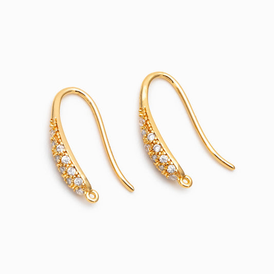 10pcs CZ Pave Gold Earring Hook with Loop, 19x9mm, 18K Gold plated Brass Earwires, Shiny Earring Components Wholesale (GB-1447)