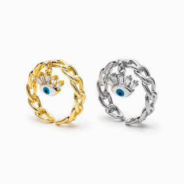 4pcs Gold/ Silver Chain Ring with Evil Eye Charm, Finger Ring, Adjustable Ring, Dainty Ring (#GB-4697)