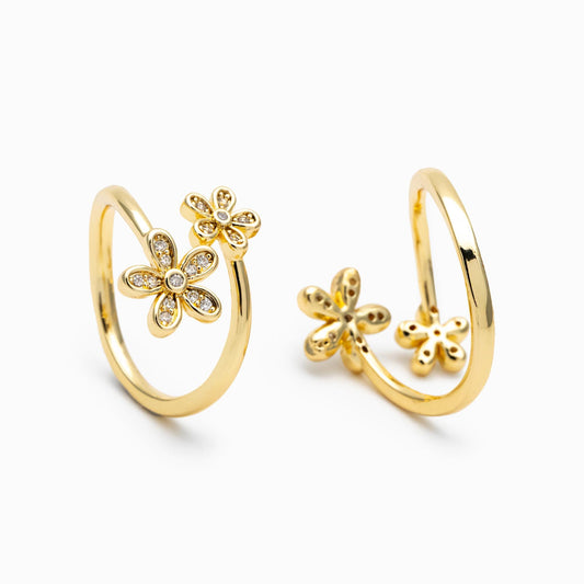 4pcs Gold/ Silver Tone CZ Pave Double Flower Ring, Adjustable Ring, Everyday Ring, Dainty Rings (#GB-4698)