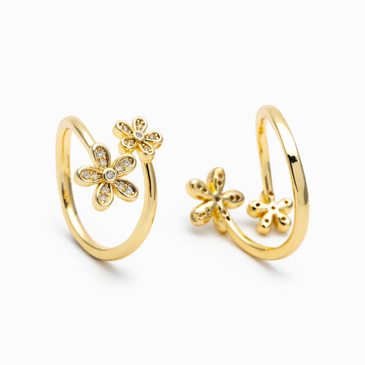 4pcs Gold/ Silver Tone CZ Pave Double Flower Ring, Adjustable Ring, Everyday Ring, Dainty Rings (#GB-4698)