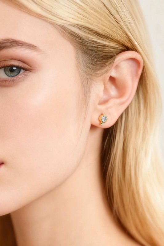 10pcs CZ Pave Round Ear Posts 8x5mm, Gold Plated Brass Dainty Stud Earrings (GB-3914)