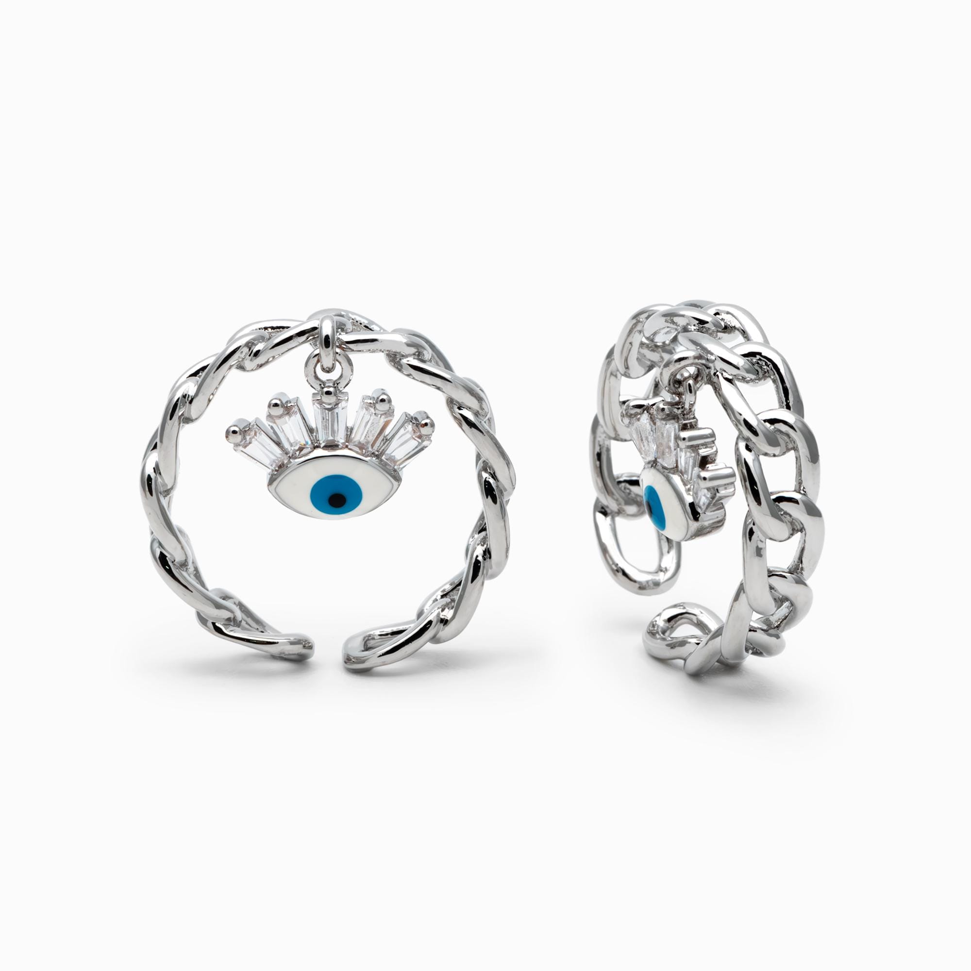 4pcs Gold/ Silver Chain Ring with Evil Eye Charm, Finger Ring, Adjustable Ring, Dainty Ring (#GB-4697)