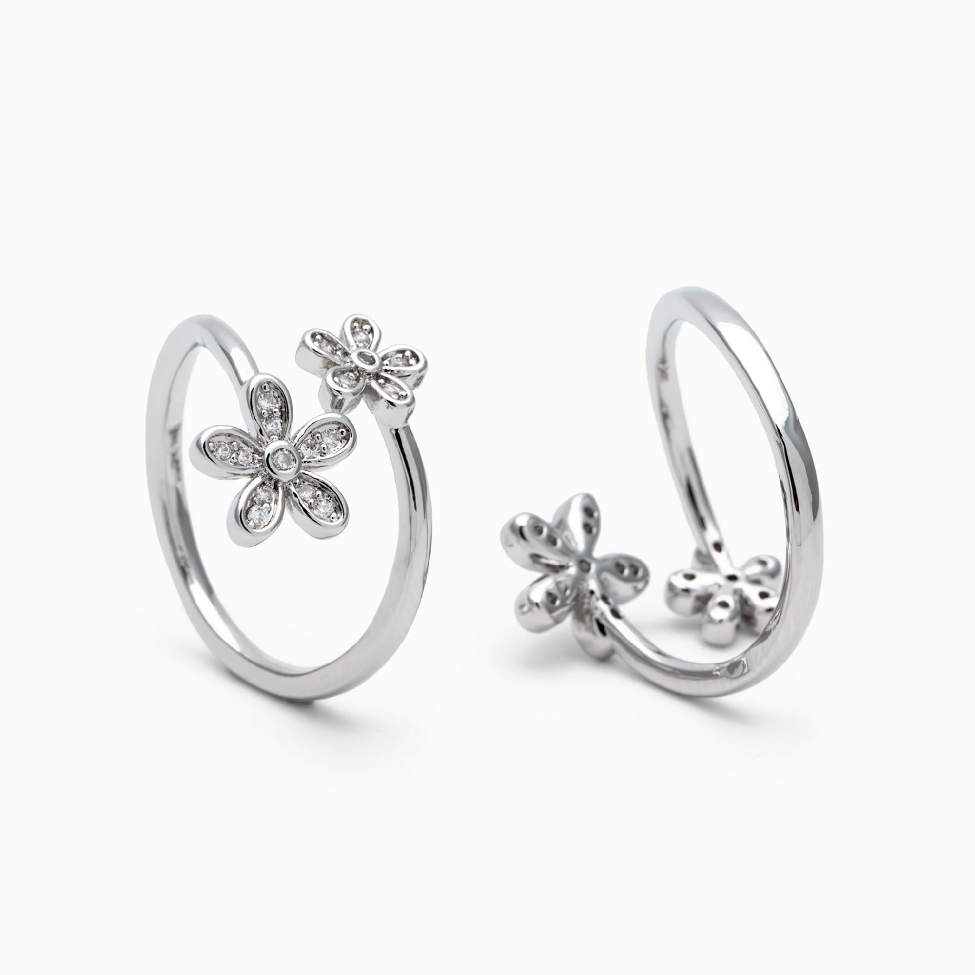 4pcs Gold/ Silver Tone CZ Pave Double Flower Ring, Adjustable Ring, Everyday Ring, Dainty Rings (#JZ-035)