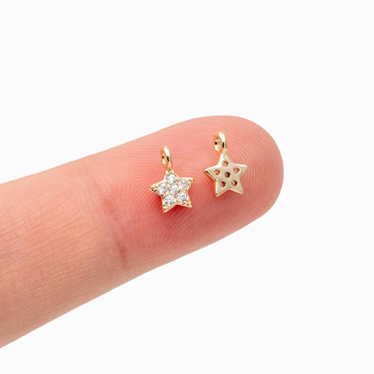10pcs CZ Pave Gold Star Charm Pendants 8x6mm, Real Gold plated Brass, Color Not Easily Tarnish (GB-162-C)