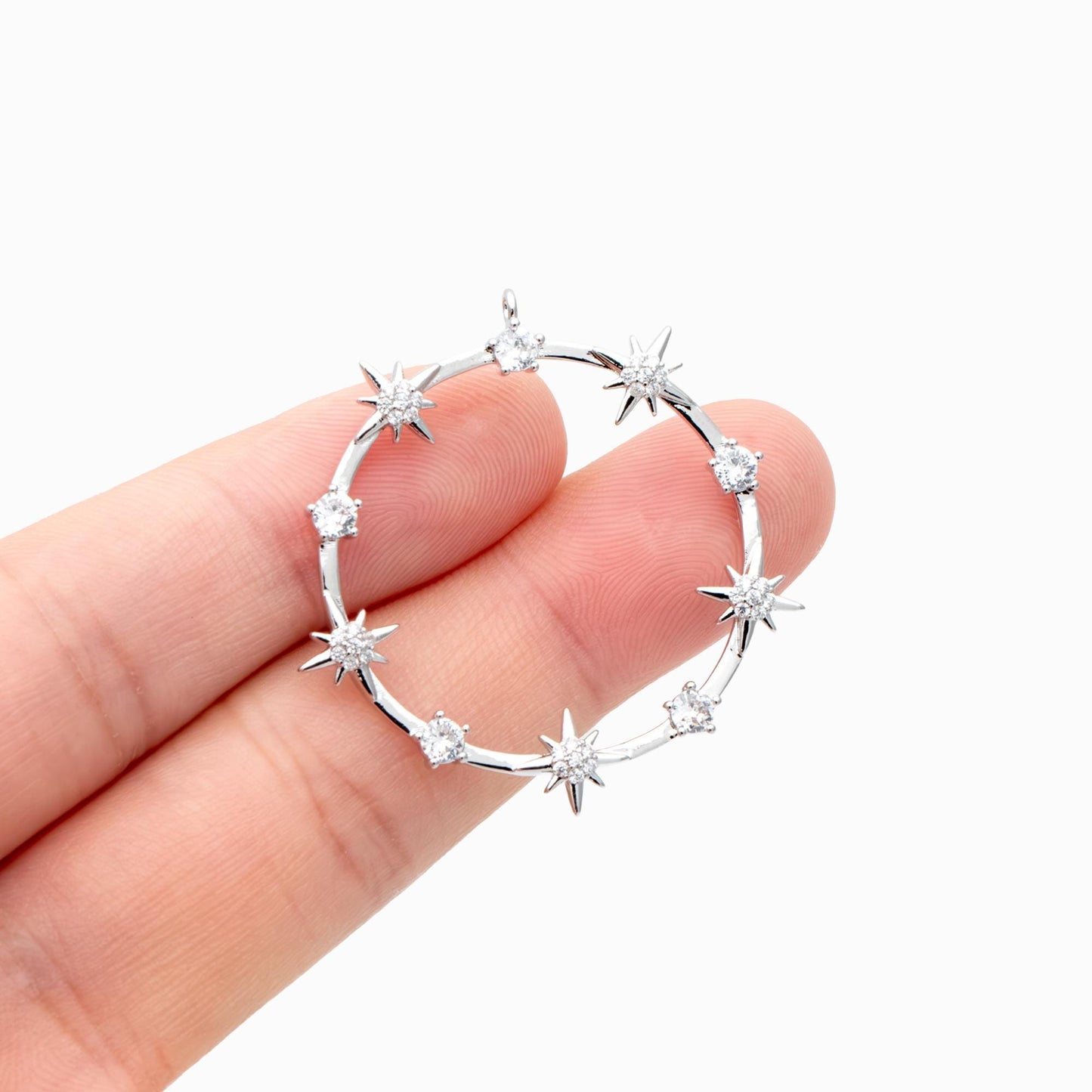 4pcs CZ pave Gold/ Silver Star Ring Pendants 37x35mm, 18K Gold/ Rhodium plated Brass, Rhinestone Round Loop Circle Charms (GB-1048-H)