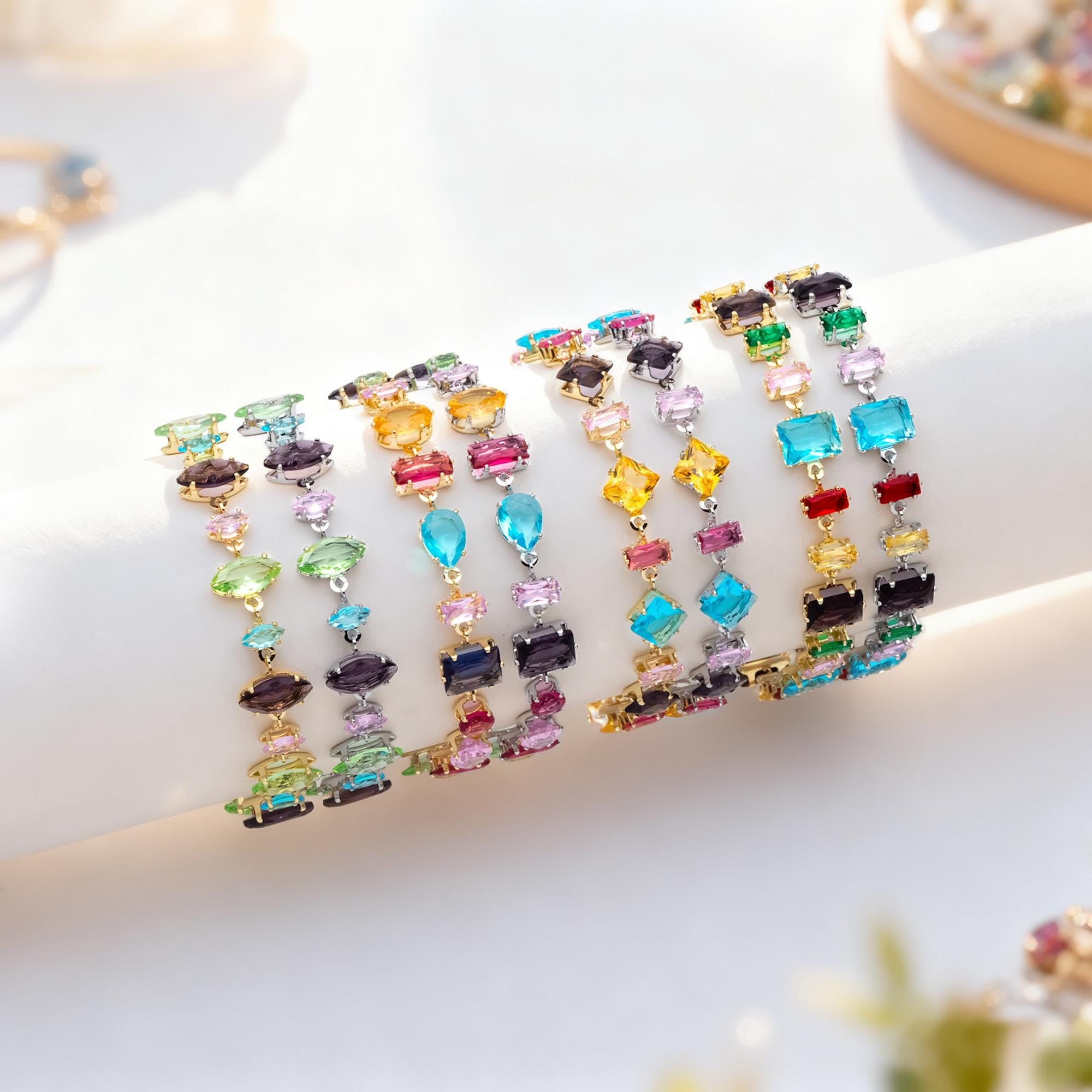 Rainbow Rhinestone Bracelet, Crystal Beaded Tennis Bracelets, Gold/ Rhodium plated Adjustable Bracelet (GB-4696)