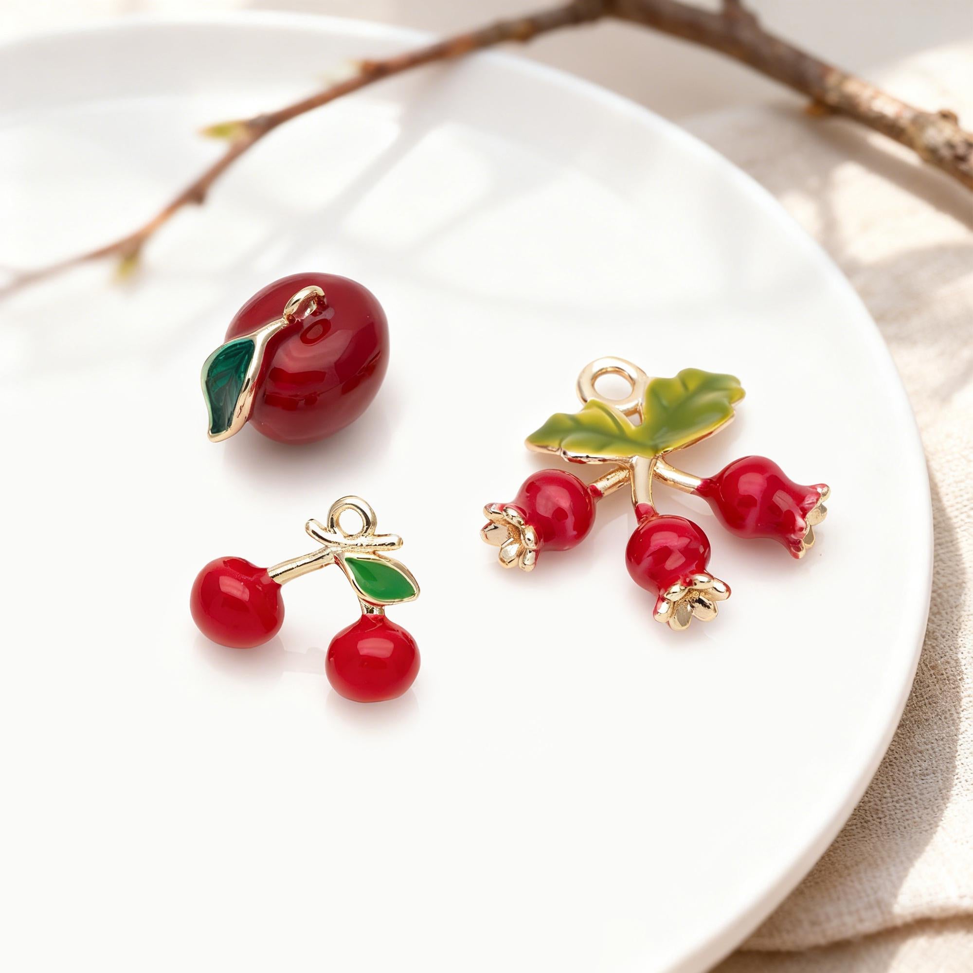 4pcs Gold Enamel Red Fruit Charms, Real Gold plated Brass, Christmas Earring Charms (GB-4706)