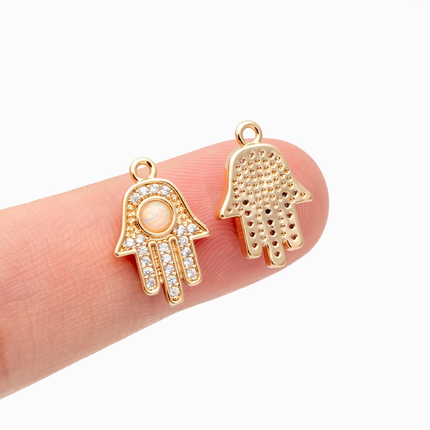 4pcs CZ Pave Gold Hamsa Hand Charm, Hand of Fatima/Miriam Charm, Gold pleted Brass Earring Findings (GB-3923-B)