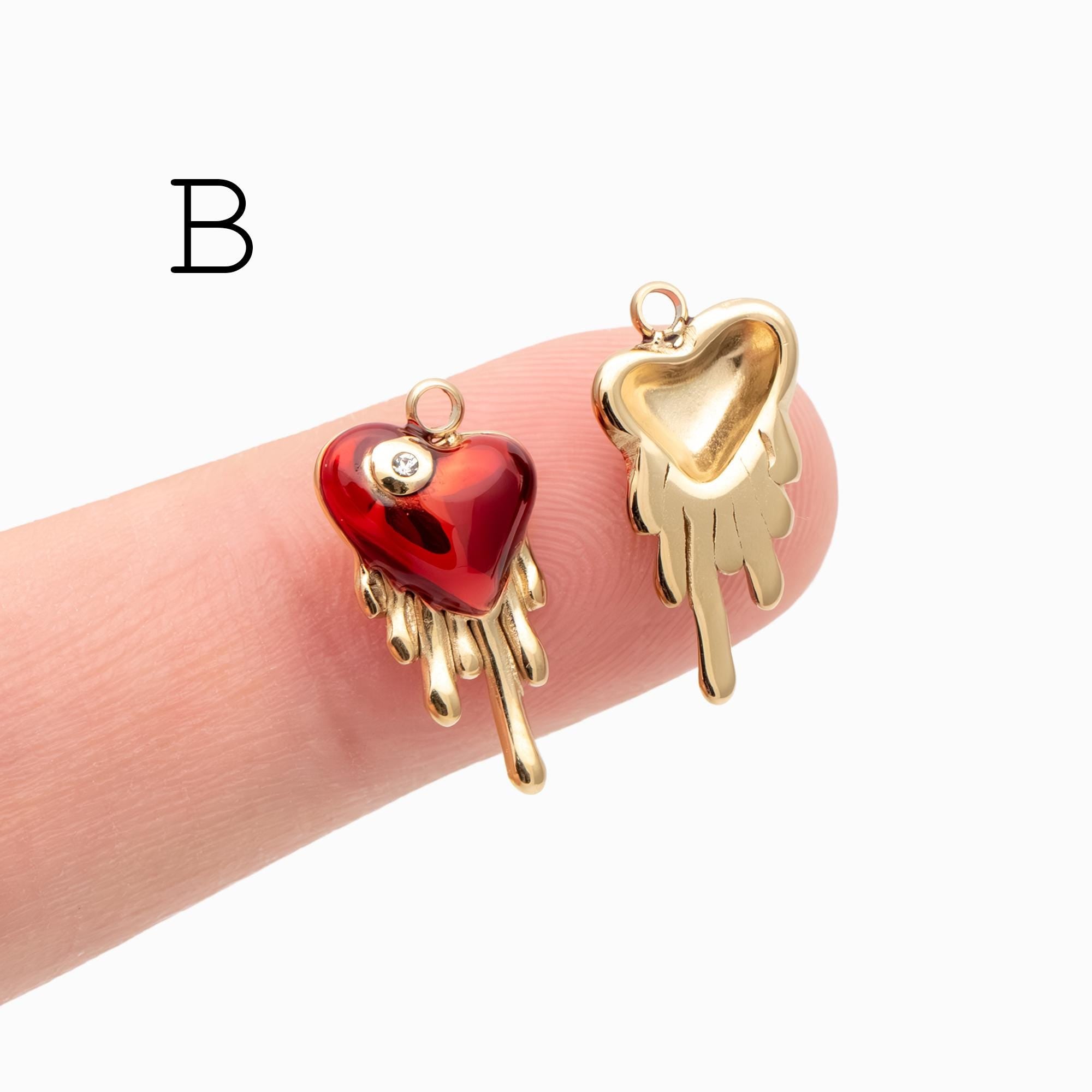 4pcs Enamel Red Heart Charms, PVD Gold Stainless Steel, Jewelry Making Supply (GB-4704)