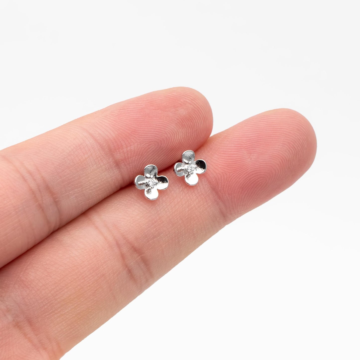 10pcs CZ Pave Gold/ Silver Flower Earrings 6mm, 18K Gold/ Rhodium plated Brass, Floral Stud Earrings (GB-3381-J)