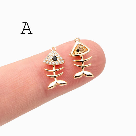 4pcs Gold/ Silver Tone Fishbone Charm, Gold/ Rhodium Plated Brass Fishbone Pendant, Skeleton Pendant (GB-2936)