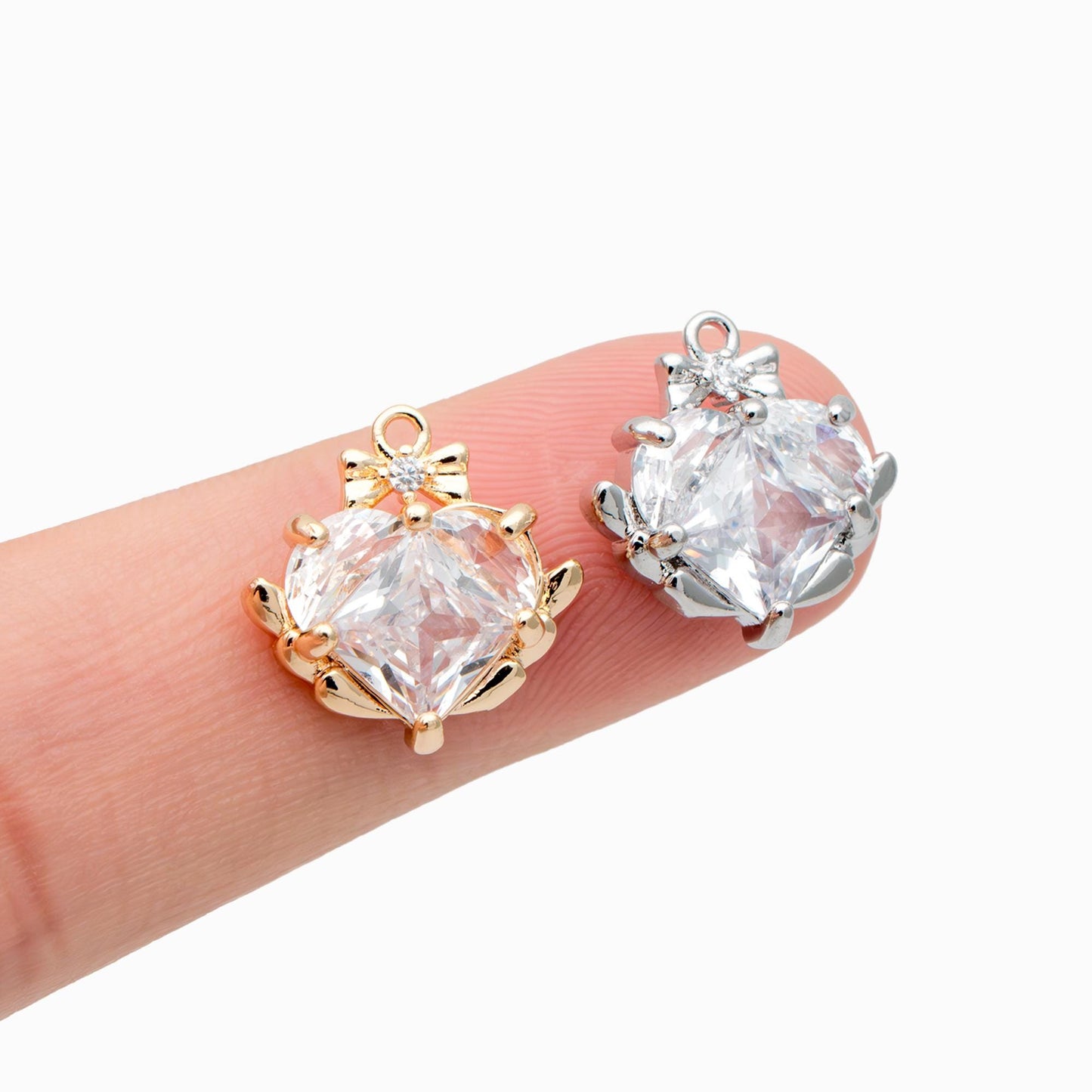 4pcs CZ Pave Gold/ Silver Heart Charms 14mm, 18K Real Gold/ Rhodium plated Brass, Dainty Earring Pendants (GB-2782-N)